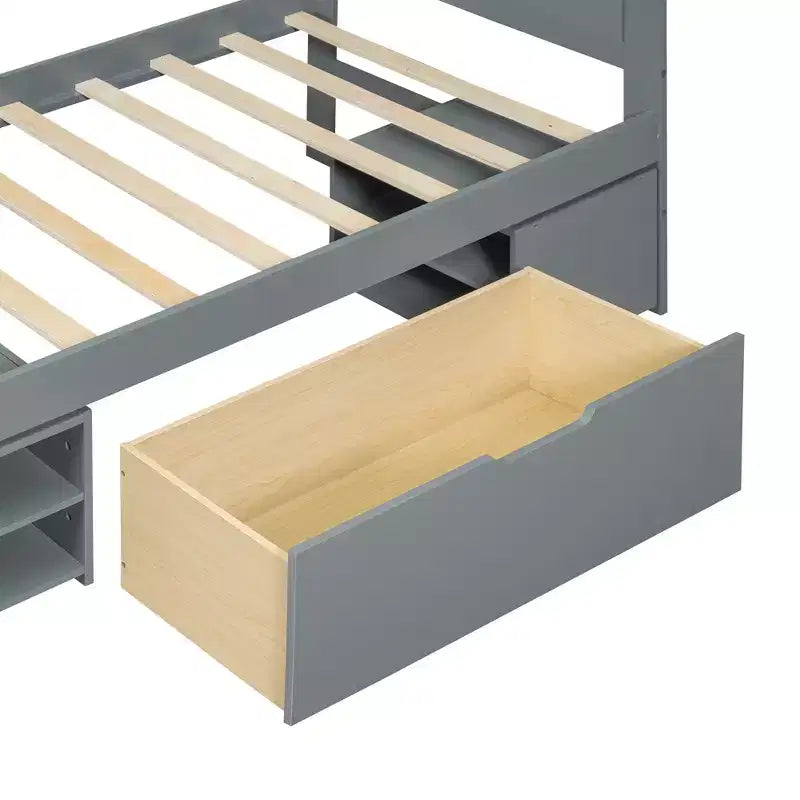 Letto a piattaforma in legno con cassetto portaoggetti e mensole