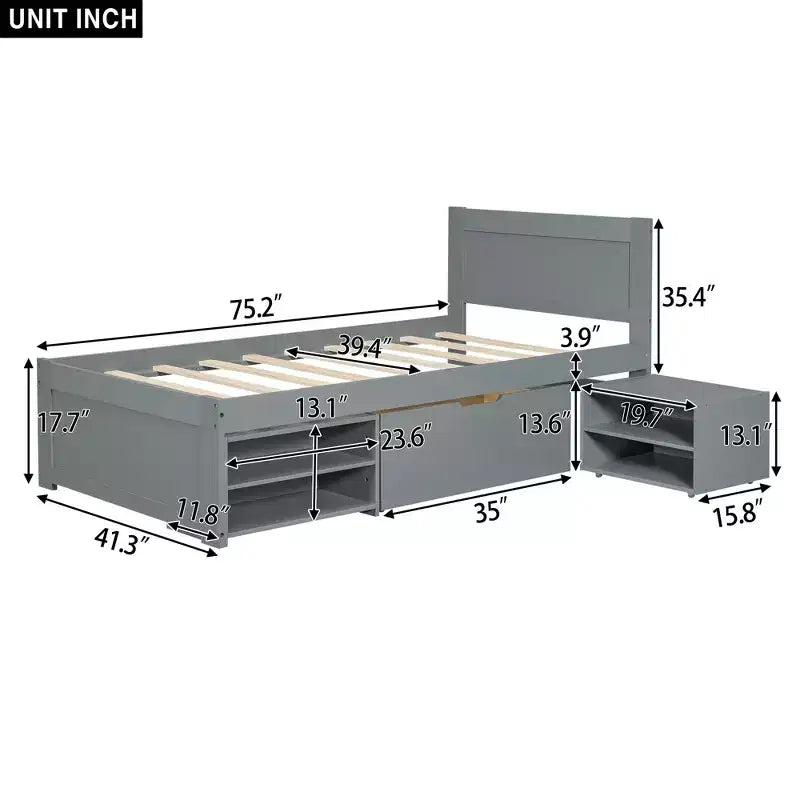 Letto a piattaforma in legno con cassetto portaoggetti e mensole