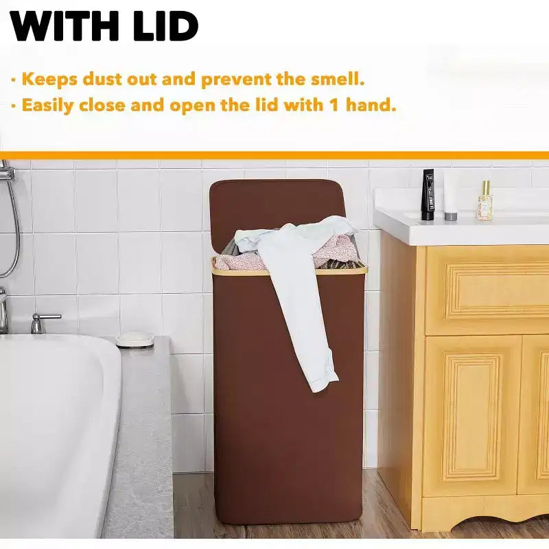 Cesto portabiancheria da 110 litri con coperchio e manici in bambù
