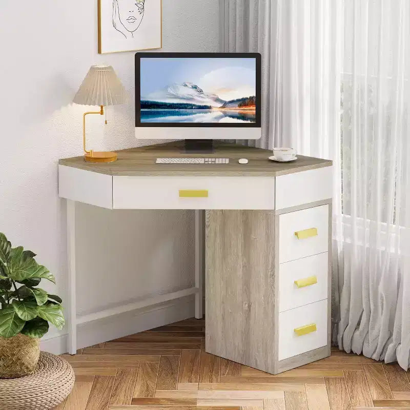 Scrivania angolare con 3 cassetti – Design triangolare a 90 gradi per ufficio domestico, camera da letto e soggiorno