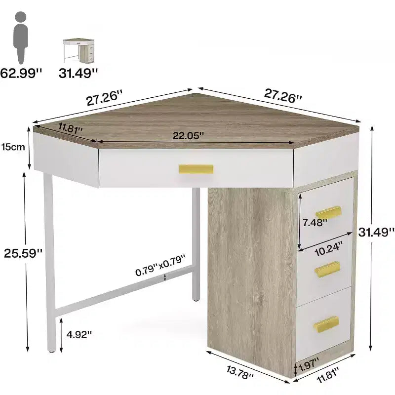 Scrivania angolare con 3 cassetti – Design triangolare a 90 gradi per ufficio domestico, camera da letto e soggiorno