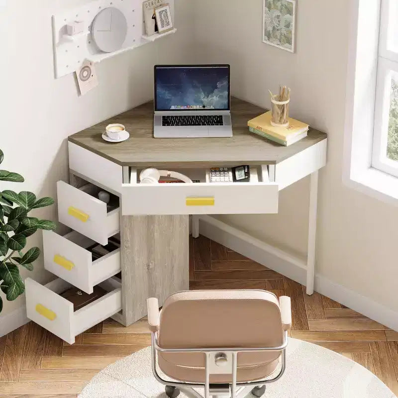 Scrivania angolare con 3 cassetti – Design triangolare a 90 gradi per ufficio domestico, camera da letto e soggiorno