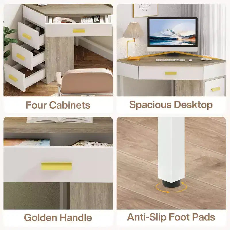 Scrivania angolare con 3 cassetti – Design triangolare a 90 gradi per ufficio domestico, camera da letto e soggiorno
