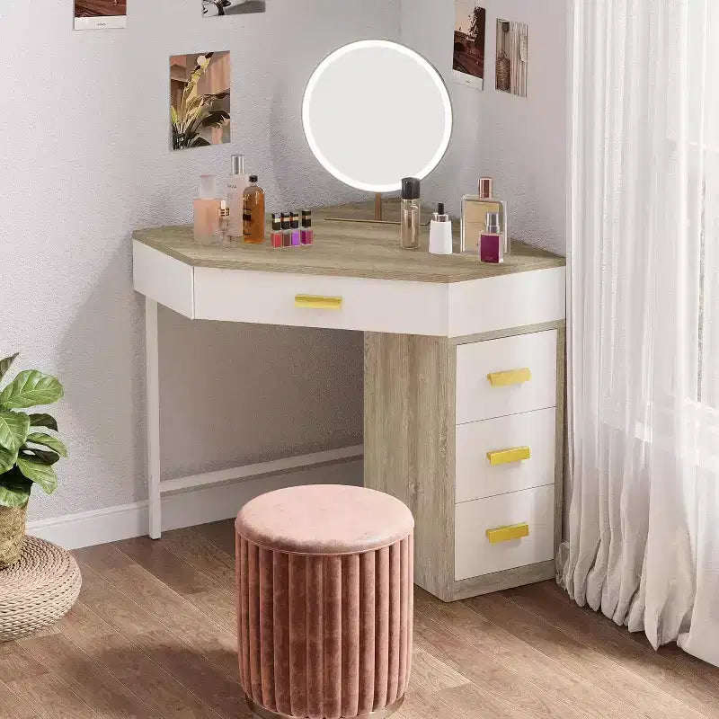 Scrivania angolare con 3 cassetti – Design triangolare a 90 gradi per ufficio domestico, camera da letto e soggiorno