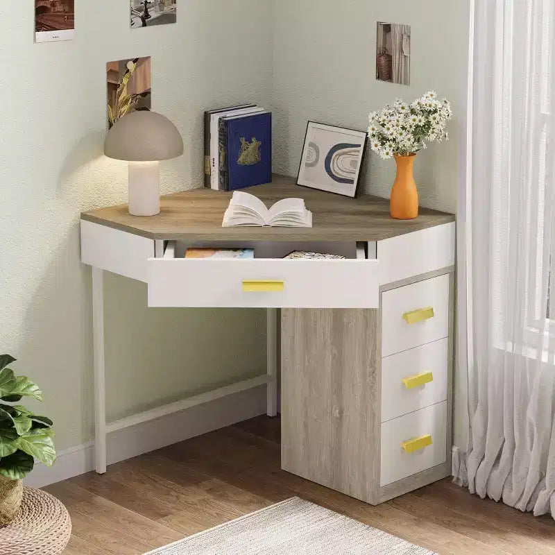 Scrivania angolare con 3 cassetti – Design triangolare a 90 gradi per ufficio domestico, camera da letto e soggiorno