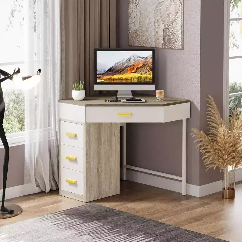 Scrivania angolare con 3 cassetti – Design triangolare a 90 gradi per ufficio domestico, camera da letto e soggiorno