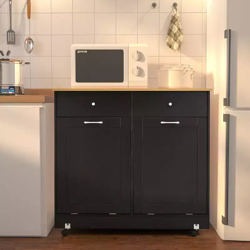 Pattumiera a mobile in legno con 2 ante basculanti, 2 cassetti e ruote bloccabili
