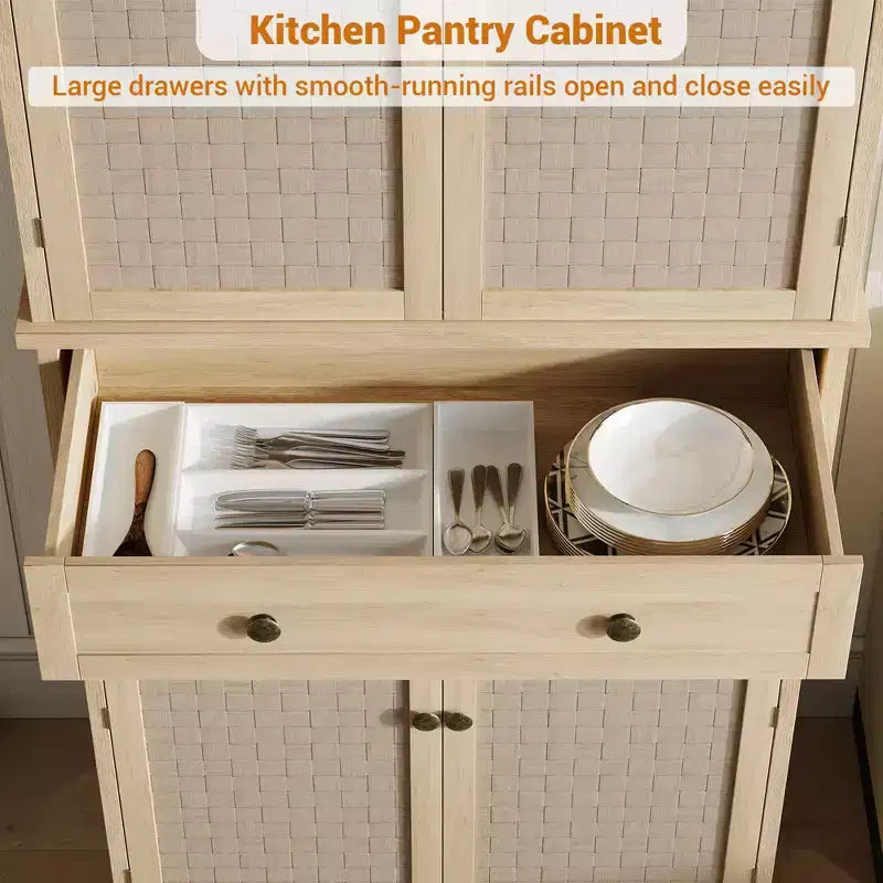 Dispensa in Rattan da 183 cm con Ante, Ripiani e Cassetto