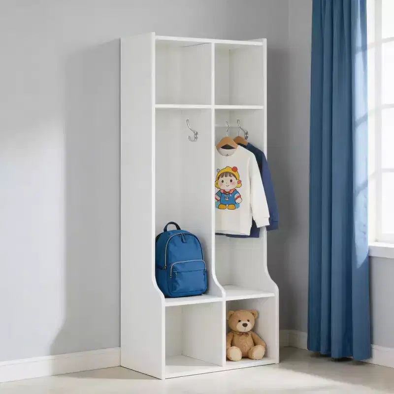 Armadietto/Appendiabiti per Bambini con 2 Sezioni, 4 Scomparti e 4 Ganci