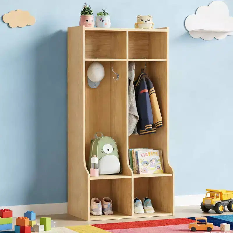 Armadietto/Appendiabiti per Bambini con 2 Sezioni, 4 Scomparti e 4 Ganci