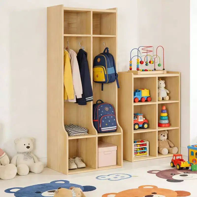Armadietto/Appendiabiti per Bambini con 2 Sezioni, 4 Scomparti e 4 Ganci