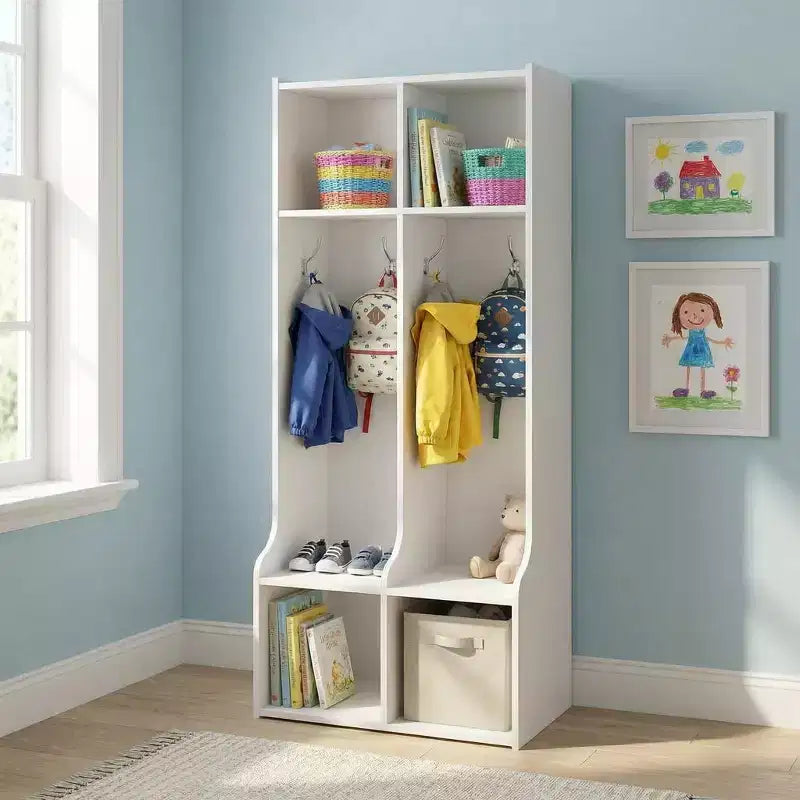 Armadietto/Appendiabiti per Bambini con 2 Sezioni, 4 Scomparti e 4 Ganci