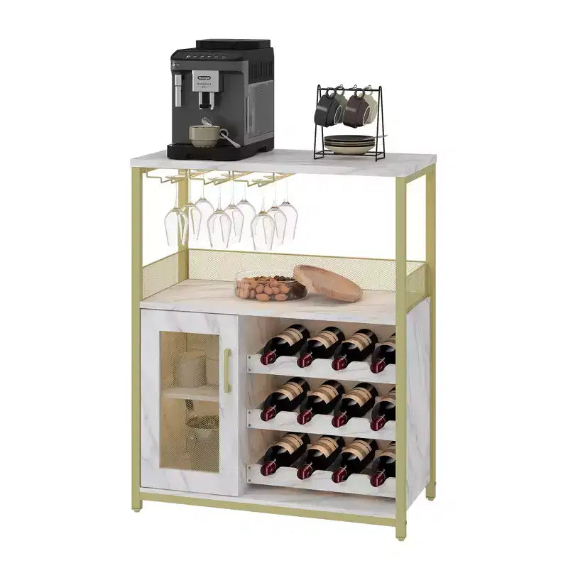 Mobiletto/Credenza da Bar a 3 Livelli con Portabottiglie/Portabicchieri e Anta a Rete