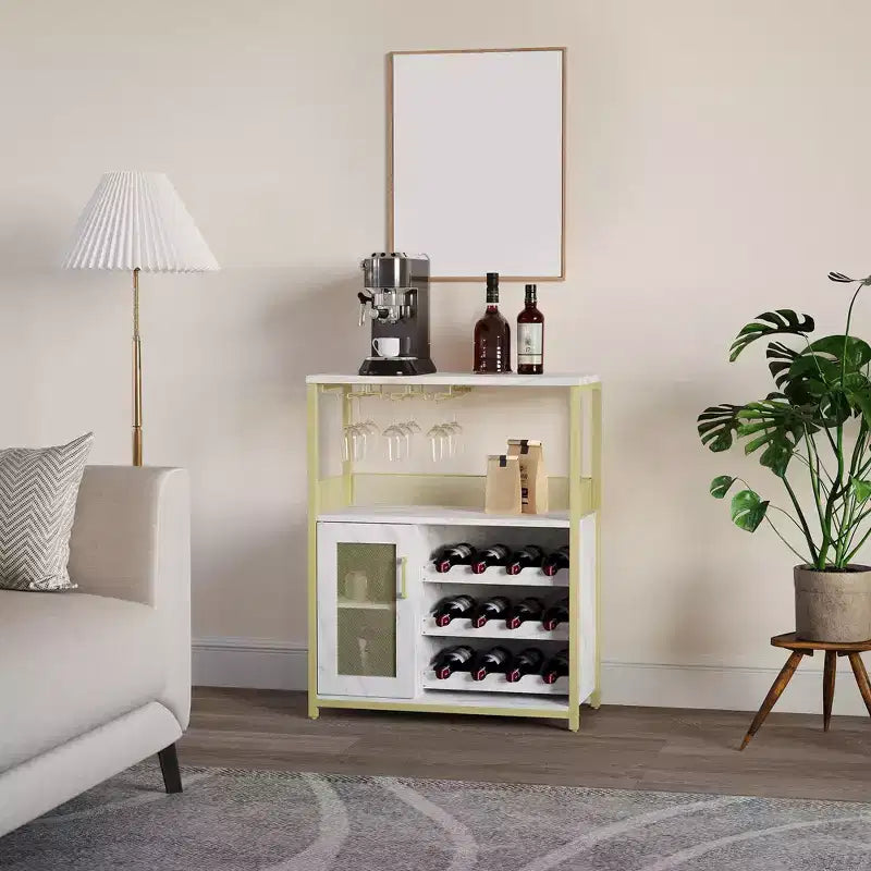 Mobiletto/Credenza da Bar a 3 Livelli con Portabottiglie/Portabicchieri e Anta a Rete