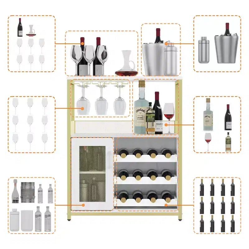Mobiletto/Credenza da Bar a 3 Livelli con Portabottiglie/Portabicchieri e Anta a Rete