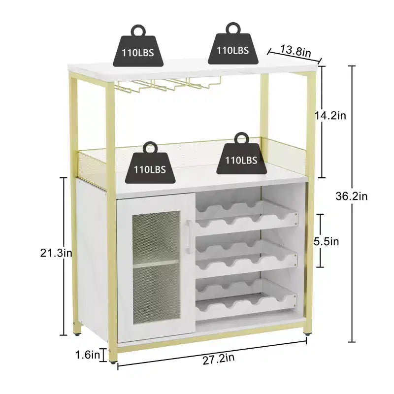 Mobiletto/Credenza da Bar a 3 Livelli con Portabottiglie/Portabicchieri e Anta a Rete