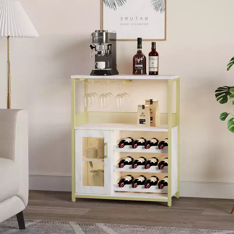 Mobiletto/Credenza da Bar a 3 Livelli con Portabottiglie/Portabicchieri e Anta a Rete