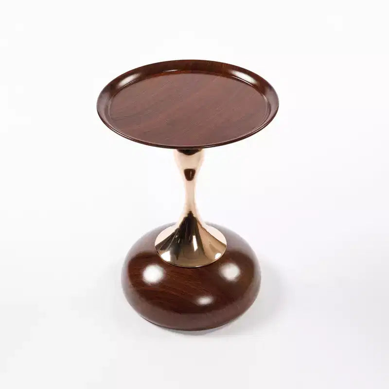 VIYET 21 Mermaid Tail Round End Table, Art Deco Metal Pedestal Accent Table, Minimalist Tray-Style Side Table for Small Spaces (Walnut Brown)