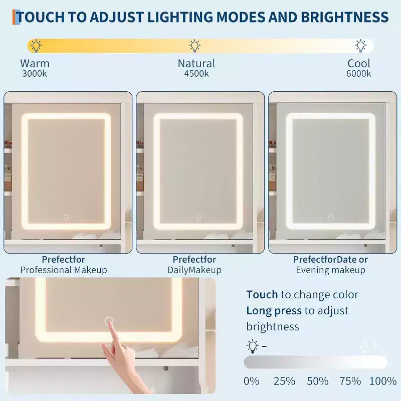 Toeletta con Specchio Scorrevole, Illuminazione a LED e Contenitore