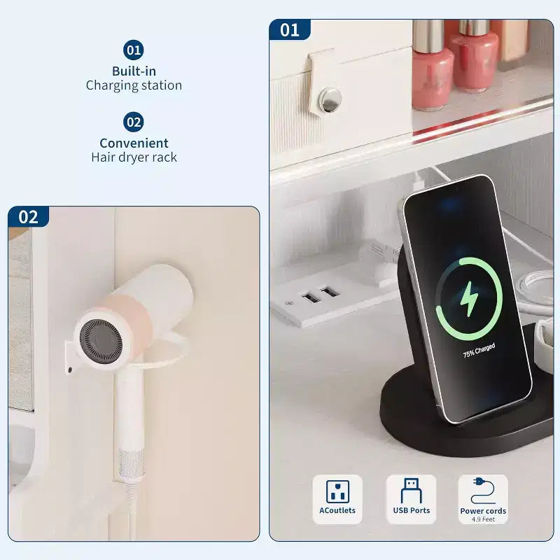 Toeletta con Specchio Scorrevole, Illuminazione a LED e Contenitore