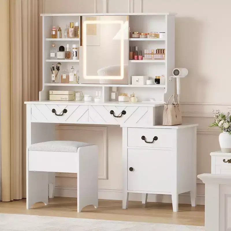 Toeletta con Specchio Scorrevole, Illuminazione a LED e Contenitore