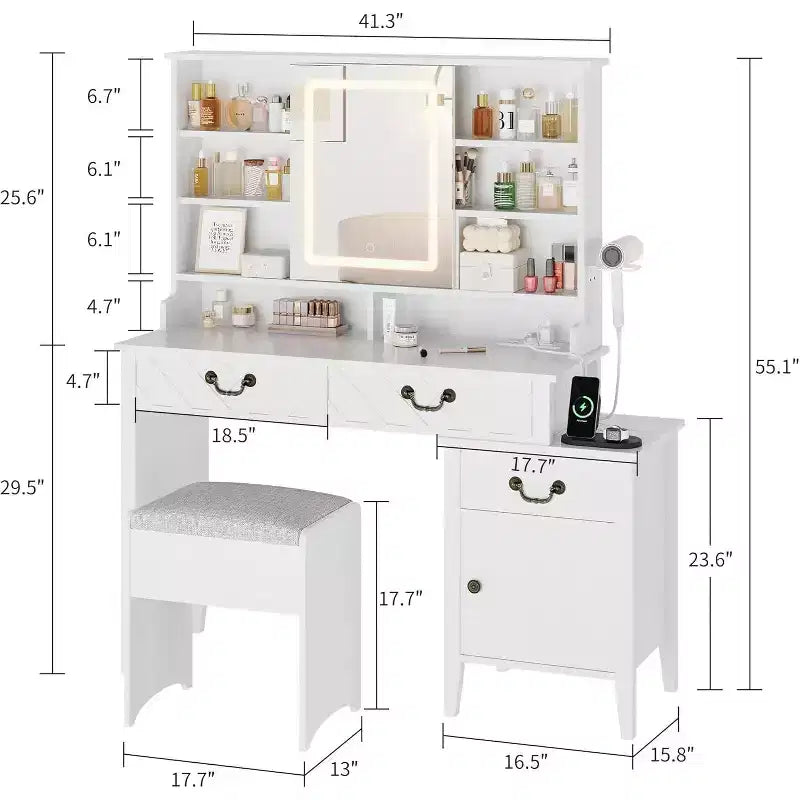 Toeletta con Specchio Scorrevole, Illuminazione a LED e Contenitore