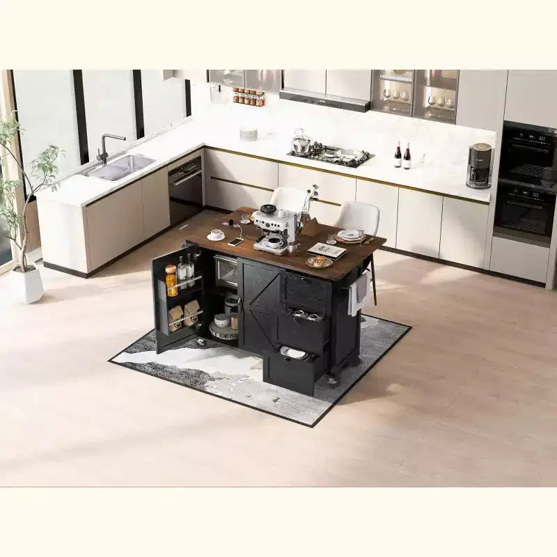 Grande isola da cucina su ruote con contenitore, anta a ribalta e presa di corrente