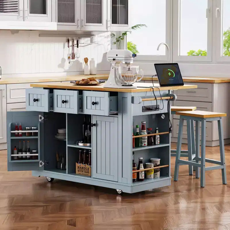 Grande isola da cucina su ruote con contenitore, anta a ribalta e presa di corrente