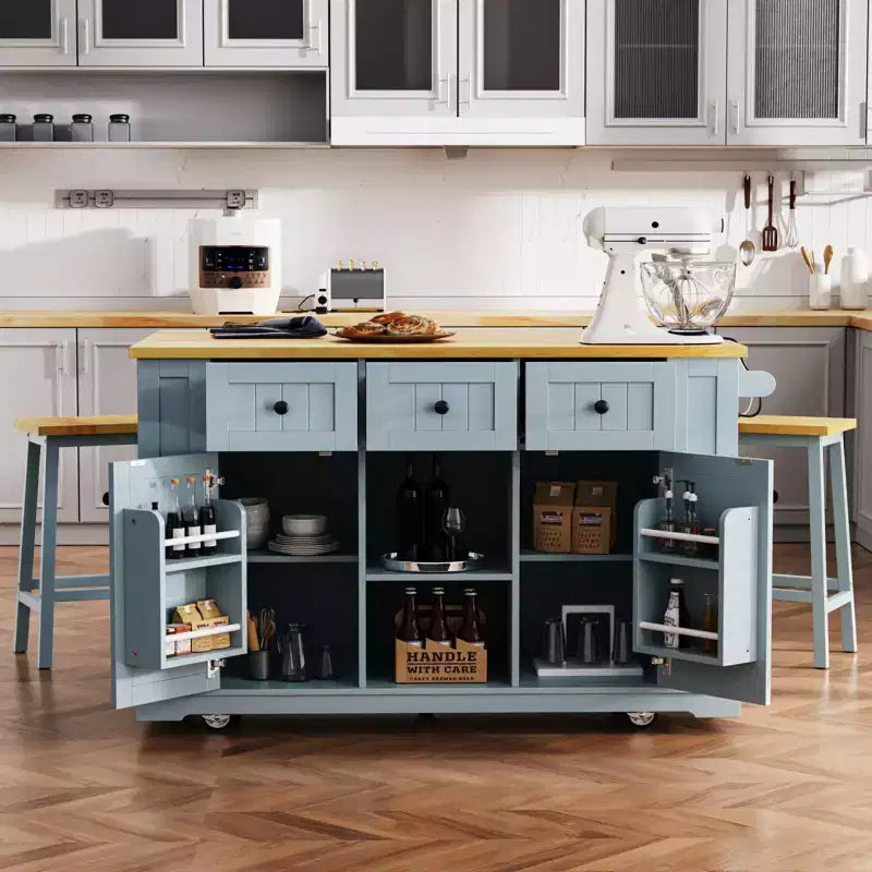 Grande isola da cucina su ruote con contenitore, anta a ribalta e presa di corrente