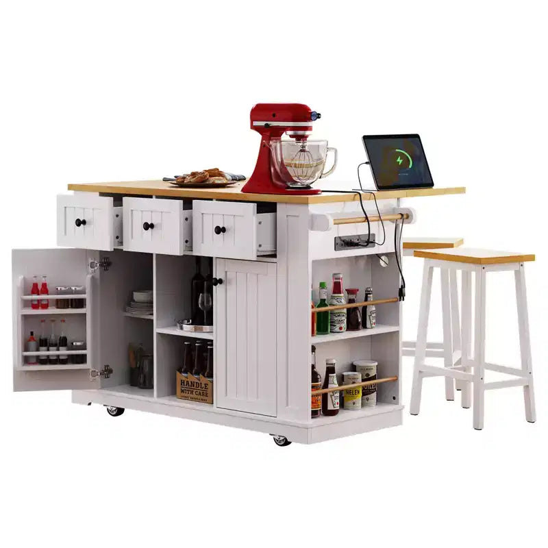 Grande isola da cucina su ruote con contenitore, anta a ribalta e presa di corrente