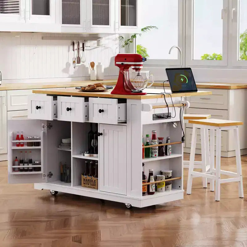 Grande isola da cucina su ruote con contenitore, anta a ribalta e presa di corrente