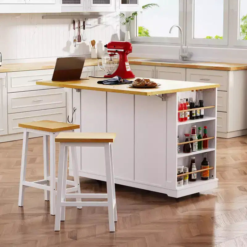 Grande isola da cucina su ruote con contenitore, anta a ribalta e presa di corrente