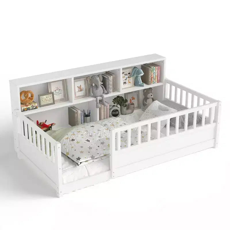 Letto per Bambini in Legno con Sponde e Scaffali Contenitori