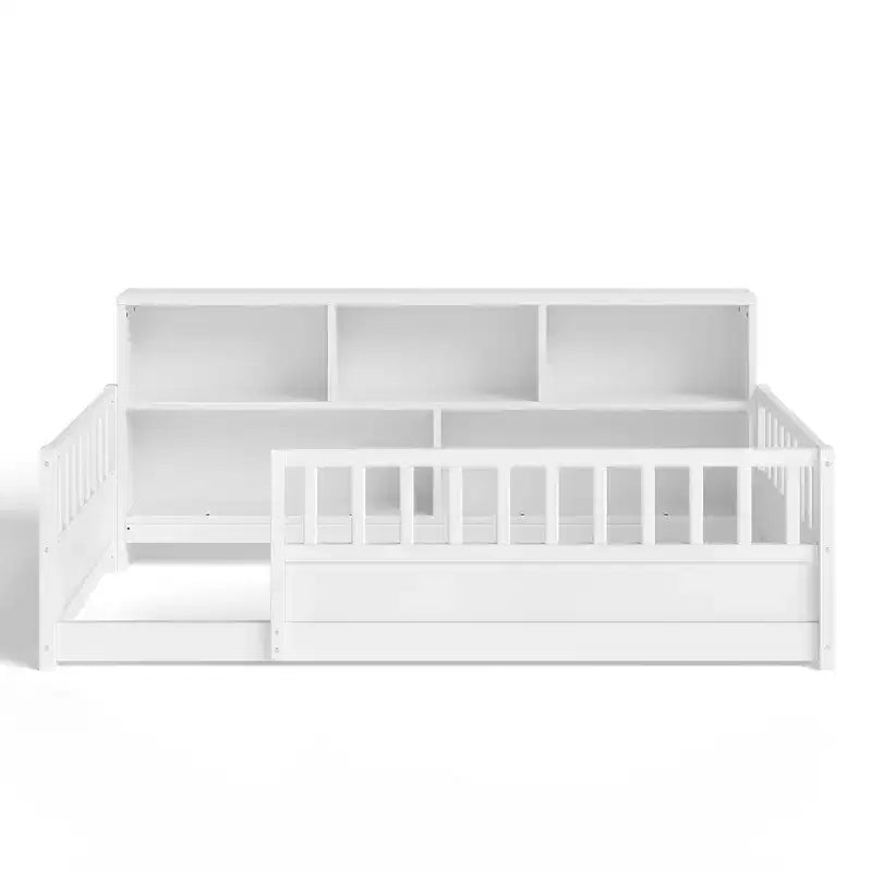 Letto per Bambini in Legno con Sponde e Scaffali Contenitori