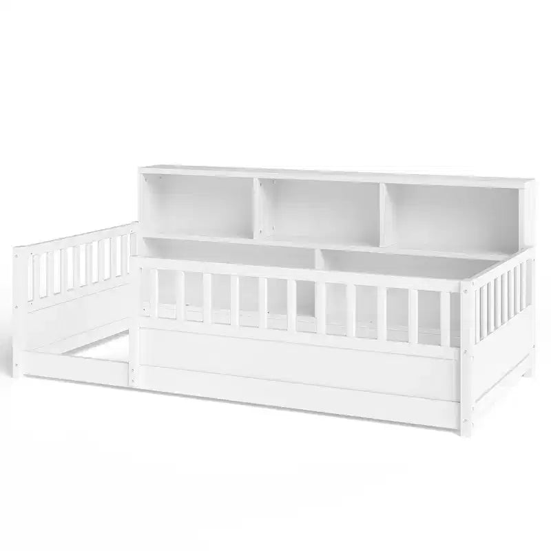 Letto per Bambini in Legno con Sponde e Scaffali Contenitori