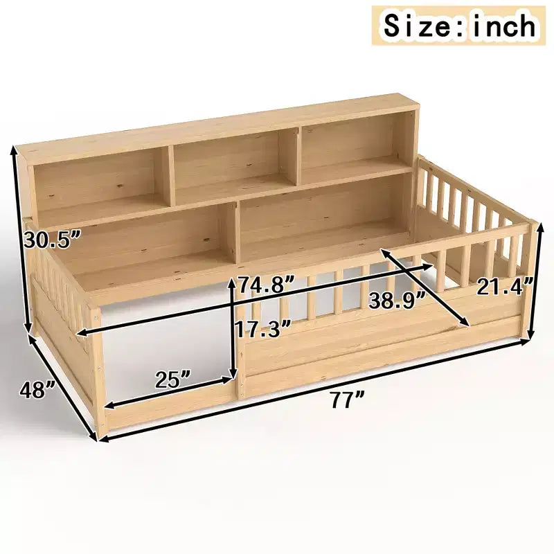 Letto per Bambini in Legno con Sponde e Scaffali Contenitori