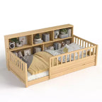 Letto per Bambini in Legno con Sponde e Scaffali Contenitori
