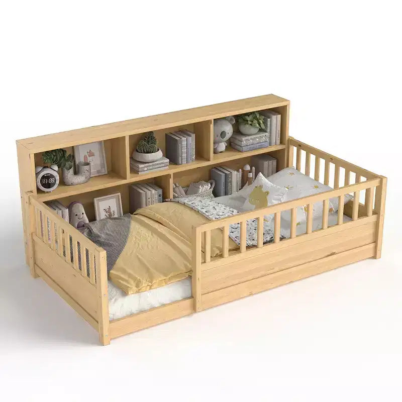 Letto per Bambini in Legno con Sponde e Scaffali Contenitori