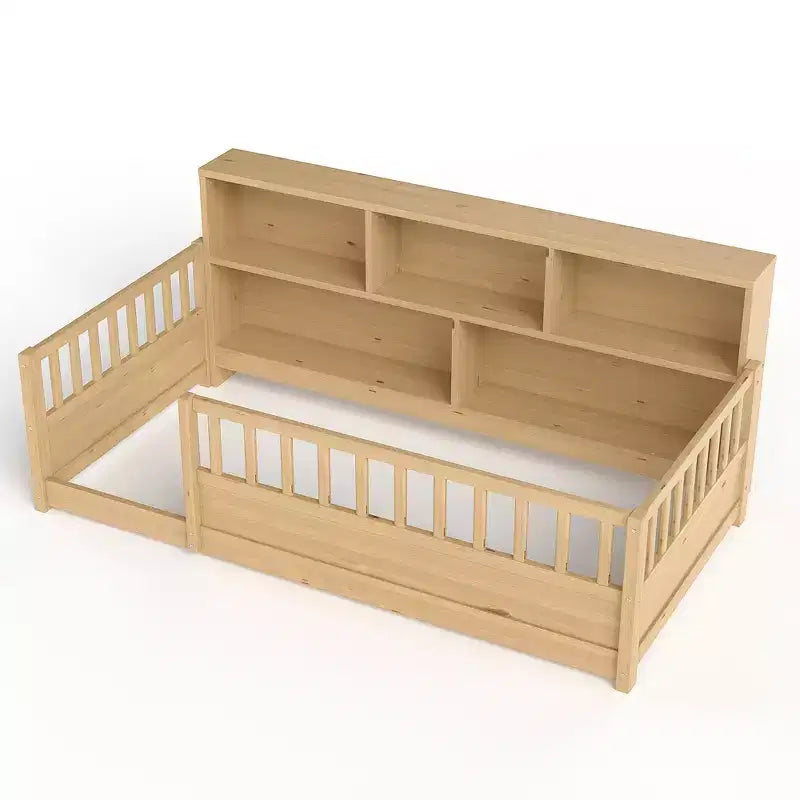 Letto per Bambini in Legno con Sponde e Scaffali Contenitori