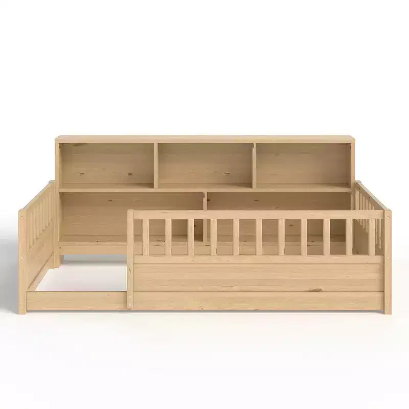 Letto per Bambini in Legno con Sponde e Scaffali Contenitori