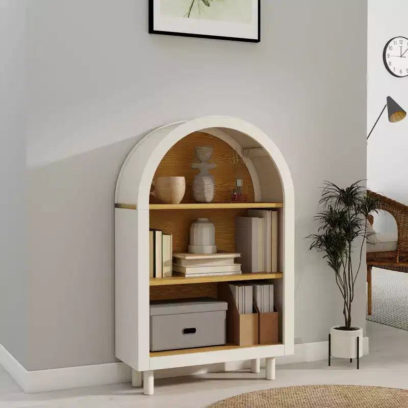 Libreria ad Arco in Legno con 3 Ripiani Aperti – Bianco e Venatura Legno