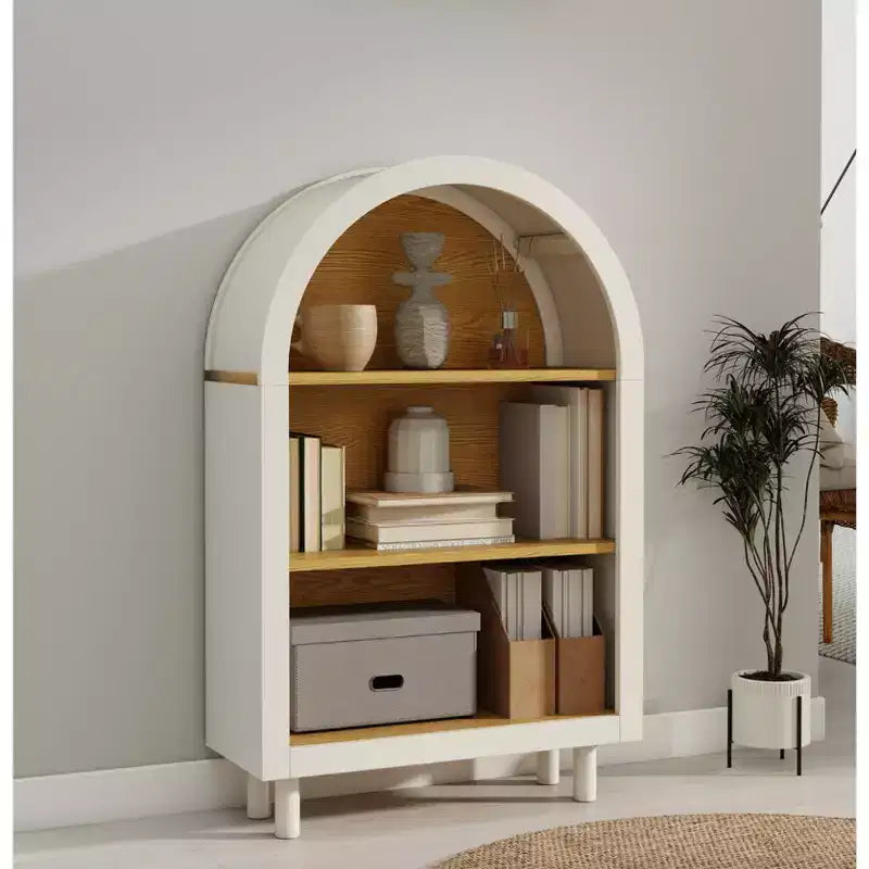 Libreria ad Arco in Legno con 3 Ripiani Aperti – Bianco e Venatura Legno
