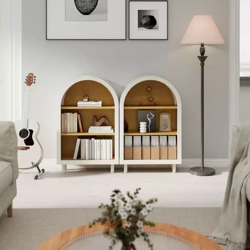 Libreria ad Arco in Legno con 3 Ripiani Aperti – Bianco e Venatura Legno
