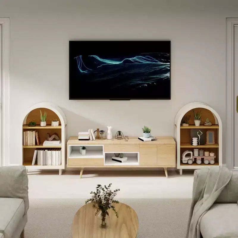 Libreria ad Arco in Legno con 3 Ripiani Aperti – Bianco e Venatura Legno