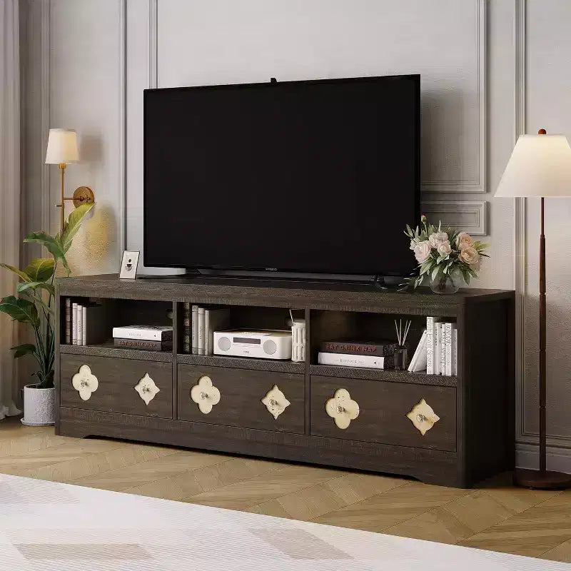 Mobile TV moderno di metà secolo da 70 pollici con cassetti intagliati e gestione dei cavi