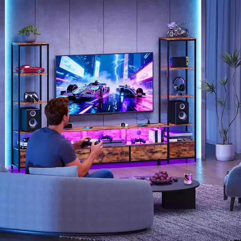 Mobile TV da fattoria con luci LED e librerie per TV fino a 65 pollici