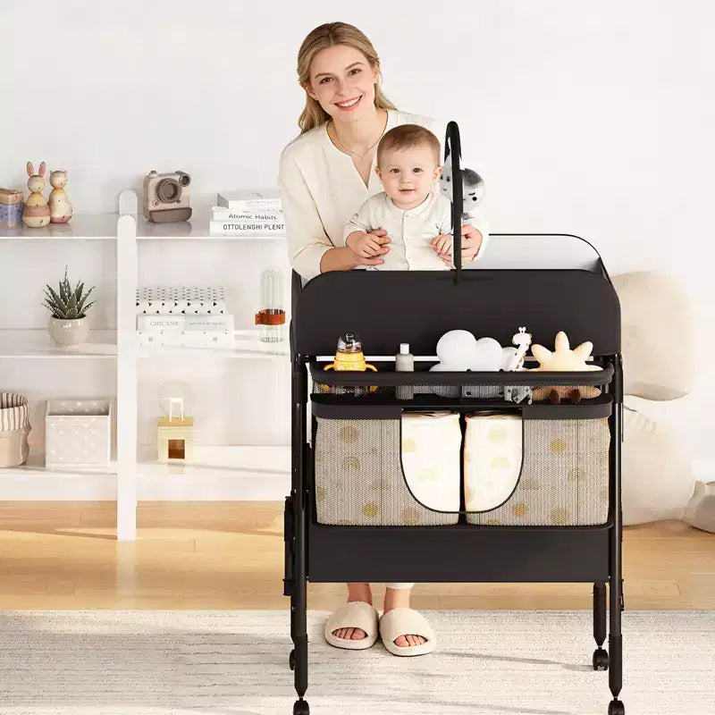 Folding Baby Changing Table Portable with Waterproof Pad,Adjustable Height Station with Storage Drawers, Mobile Nursery Organizer for Newborn&Infant