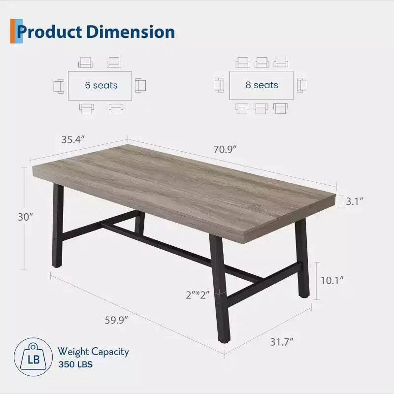 Tavolo da pranzo rettangolare da 180 cm per 6-8 persone – Piano in legno e struttura in metallo