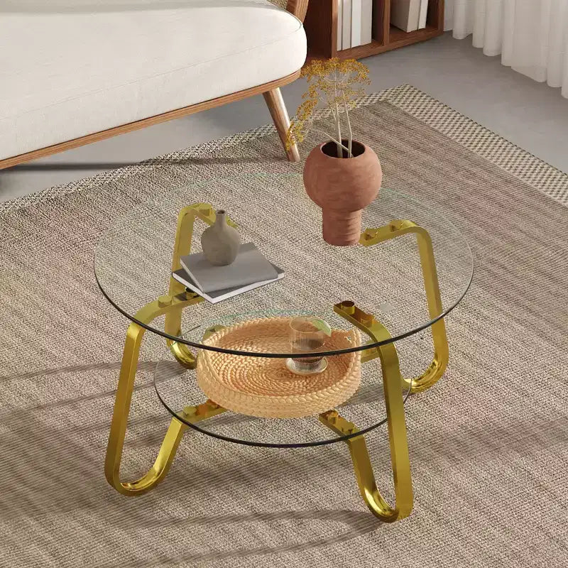 Tavolino rotondo con struttura in metallo e doppio ripiano in vetro temperato