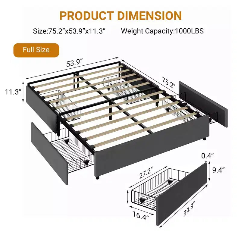 Struttura letto matrimoniale standard con 4 cassetti contenitore
